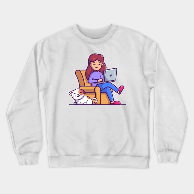 Women working on laptop with cat cartoon Crewneck Sweatshirt by Catalyst Labs